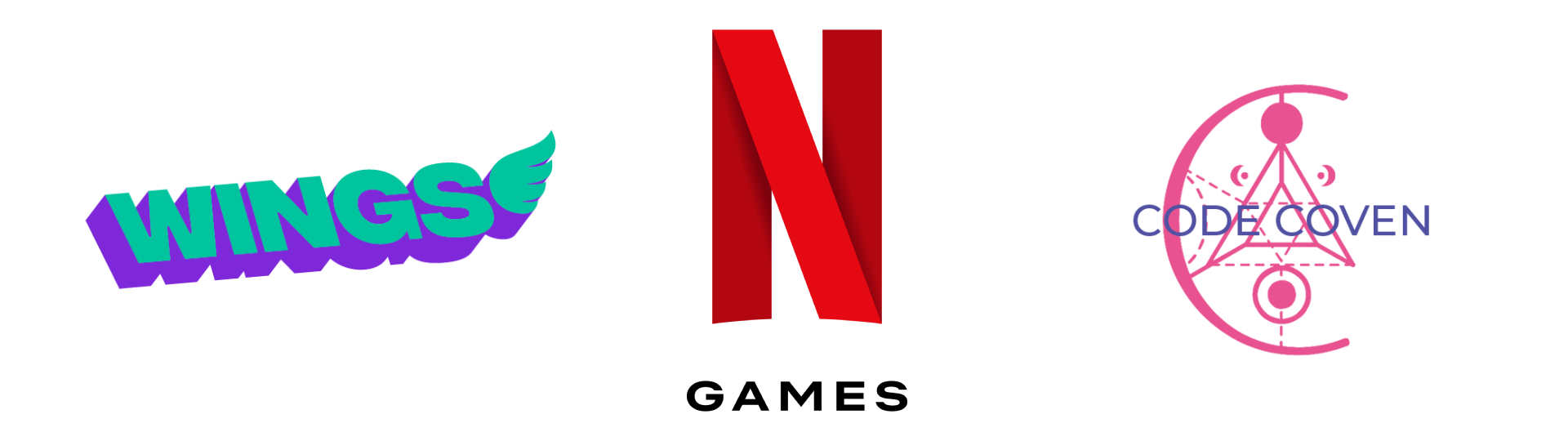 3 logos for wings, netflix, and code coven